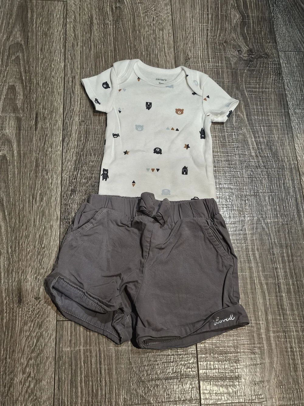 Baby Set Size 3M White Printed Bear & Shapes Bodysuit with Gray Shorts
